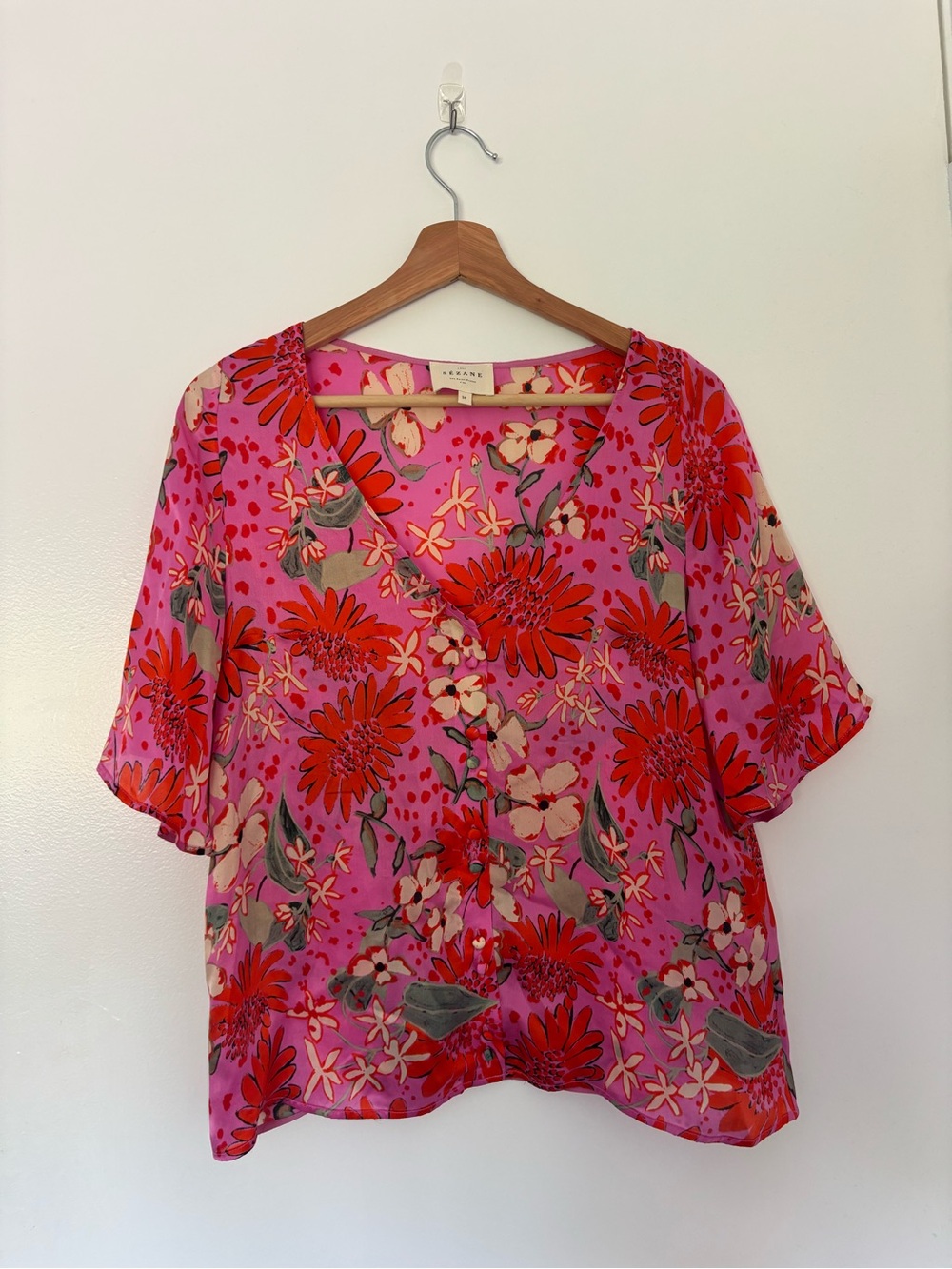 Sézane Printed Floral V-Neck Top in Pink by Unknown Brand